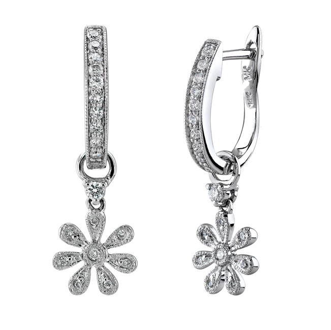 14kt White Gold Diamond Pave Hoop Earrings With Flower Charm
