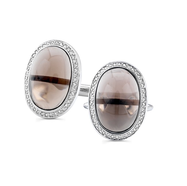 14k White Gold Smokey Quartz Diamond Mens Cuff Links