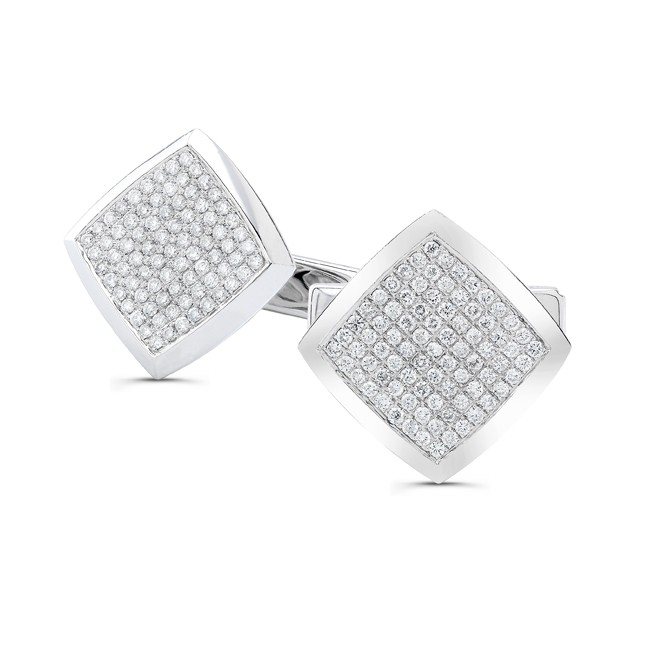 14k White Gold Mens Pave Diamond Square Cuff Links