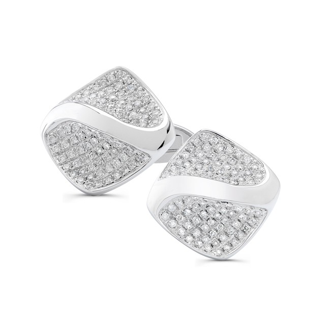 14k White Gold Mens Pave Diamond Swirl Cuff Links