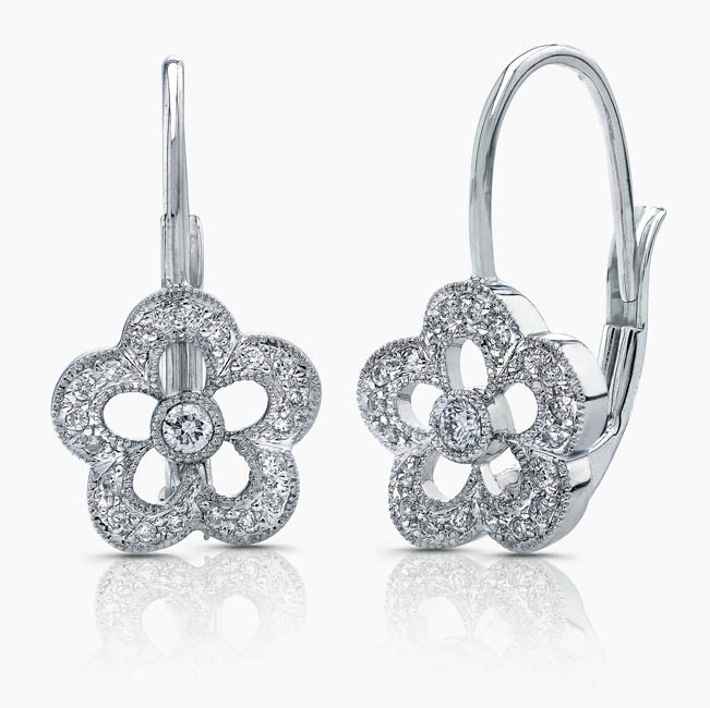 Flower Diamond Earring On Lever Backs, 14k White
