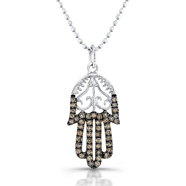 Hamsa Diamond Filigree Necklace With Brown Diamonds 14K White