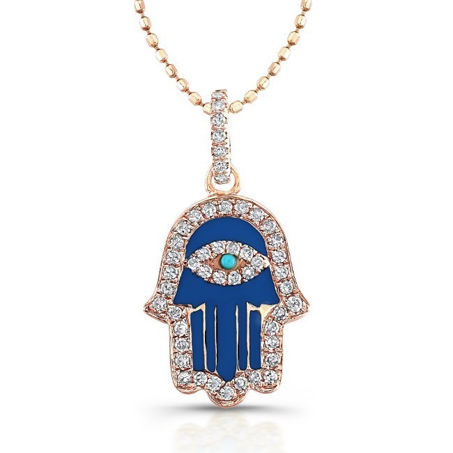 Diamond-Dark Blue Enamel Hamsa-14K Rose Gold