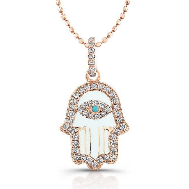 Diamond Hamsa-White Enamel-14K Rose Gold