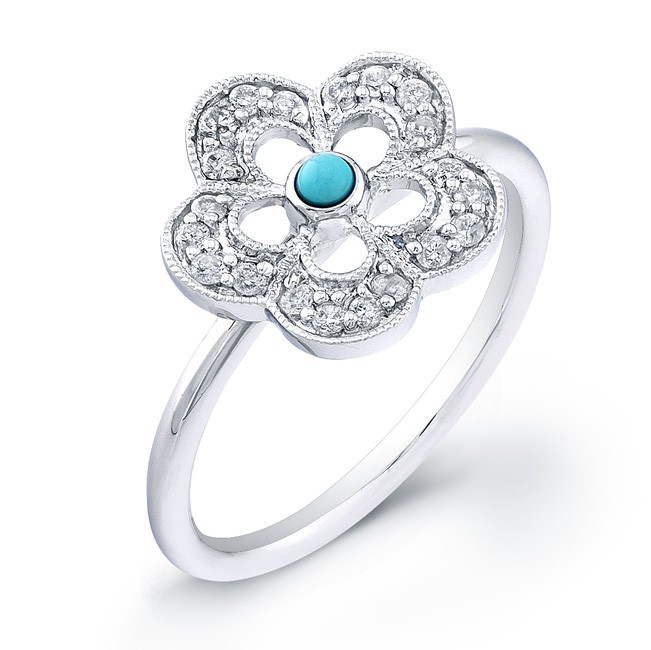 14kt White Gold Diamond Flower Ring-Turquoise Center