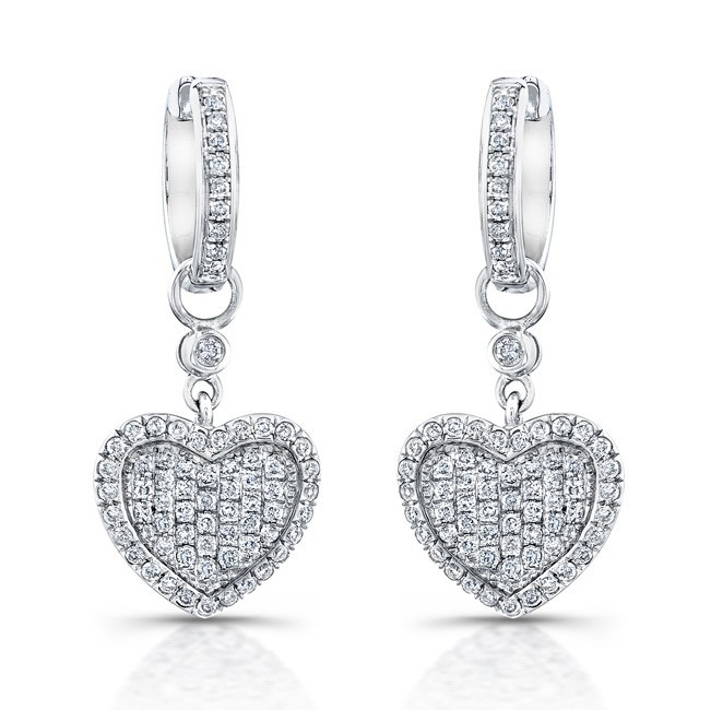 14k White Gold Heart  Diamond Pave Earrings