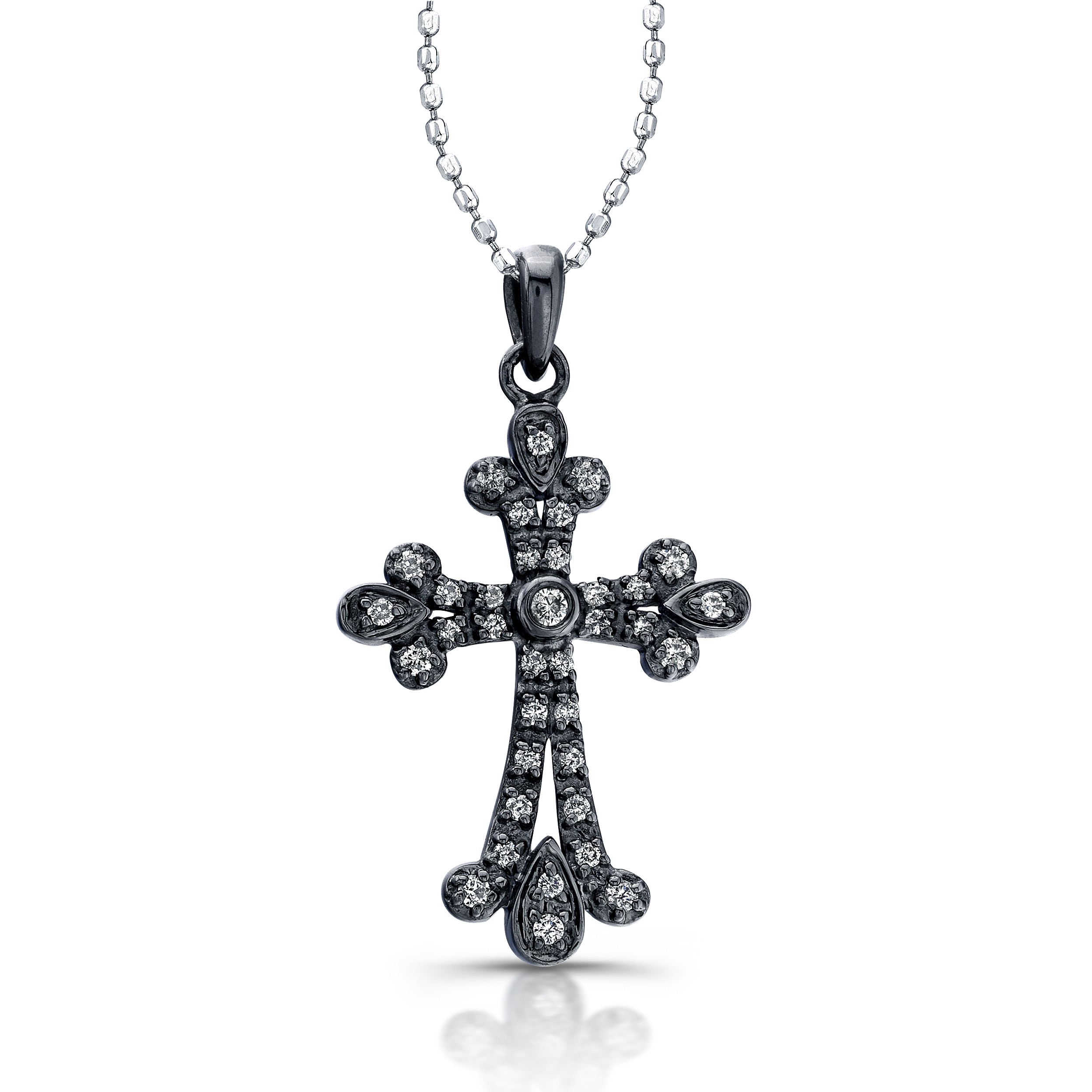 14K White Diamond Cross Vintage Design- Black Rhodium