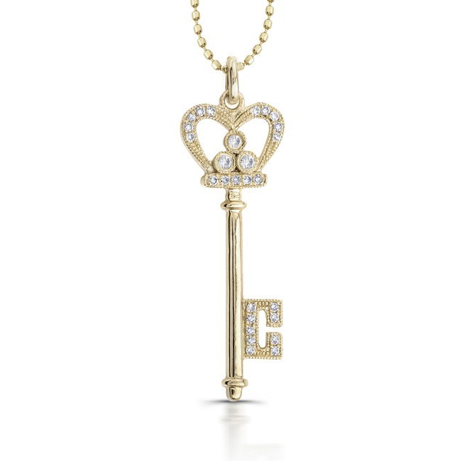 14k Yellow Gold Diamond Crown Key Pendant 