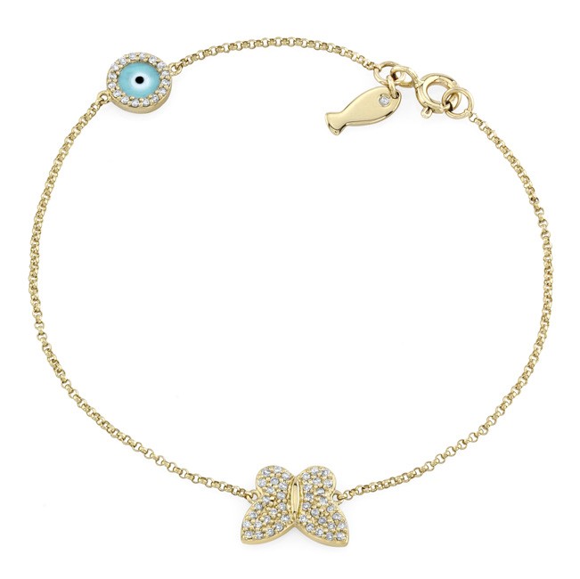 YellowGold Butterfly Fish and Evil Eye Diamond Bracelet