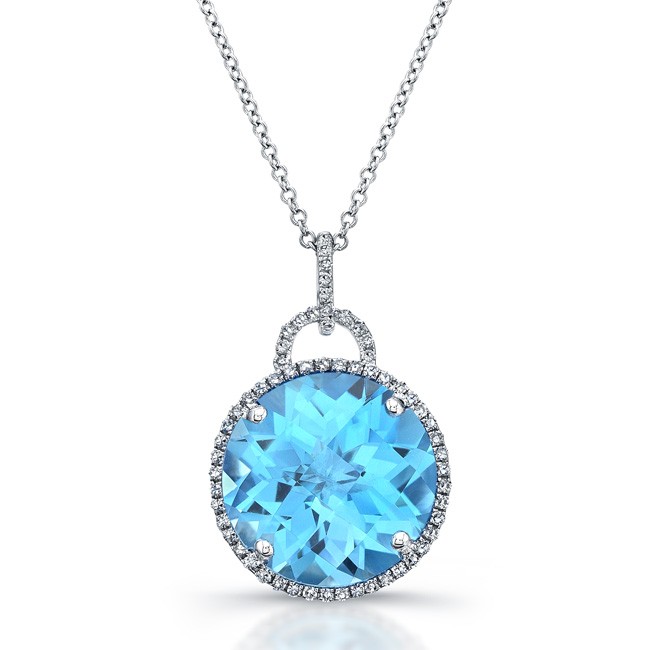 14k White Gold Blue Topaz Diamond Halo Pendant