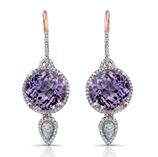 Amethyst Diamond Earrings, 14k Rose Gold