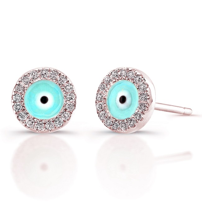 14k Rose Gold Diamond Evil Eye Earrings 