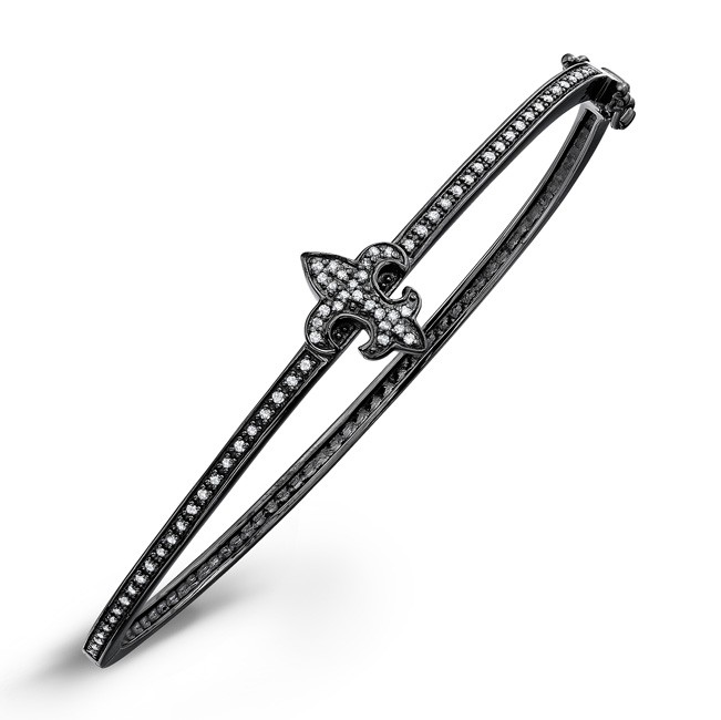 Black Sterling Silver Diamond Fleur De Lys Bangle