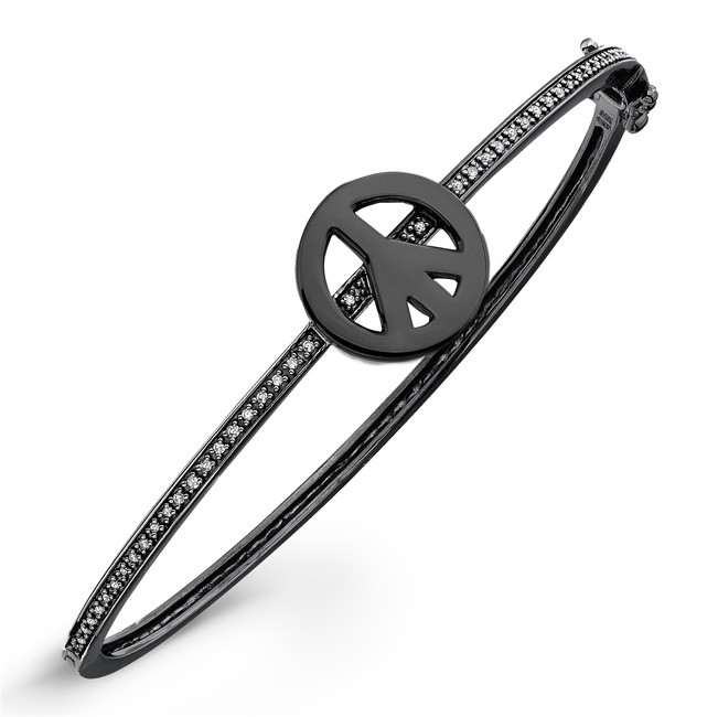 Black Sterling Silver Peace Sign Diamond Bangle