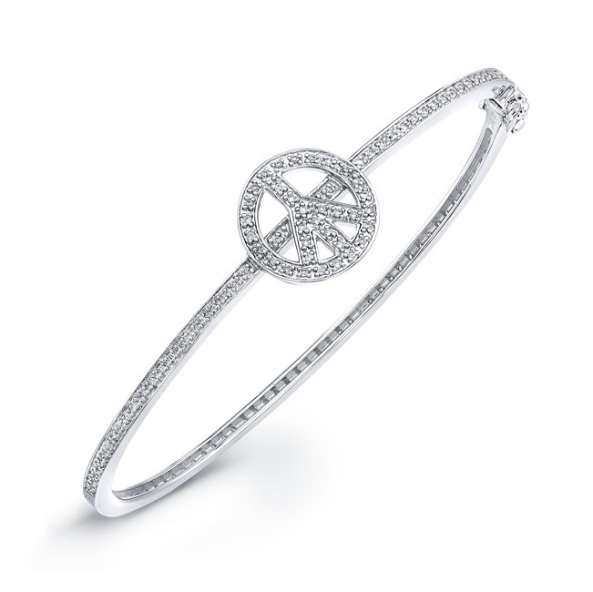 14k White Gold Diamond Peace Bangle