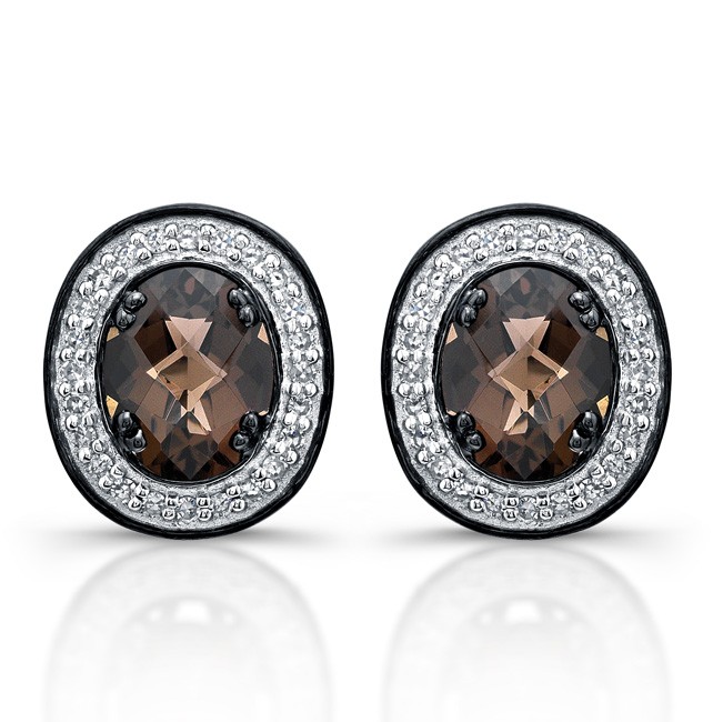 Black Sterling Silver Diamond Smokey Quartz Earrings