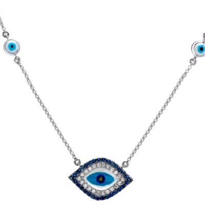 14kt White Gold Blue Diamond Evil Eye Necklace