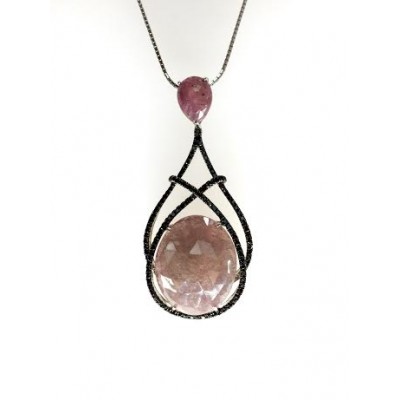 Sterling silver oval rose saphire and black diamond pendant
