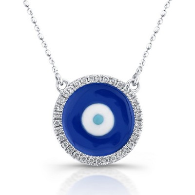 14K WG Dark Blue Enamel Evil Eye Necklace 