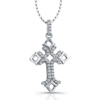 14K White Diamond Cross Pendant: Fleur De Lis Design