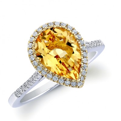 14k White Gold Yellow Citrine and Diamond Ring