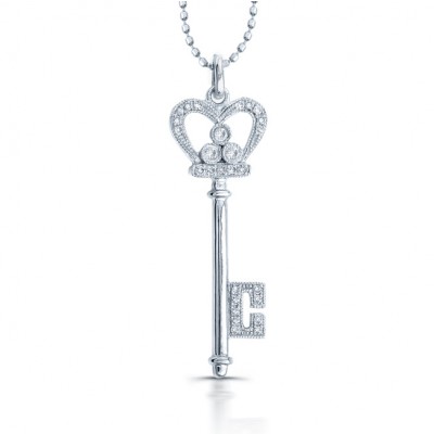 14k White Gold Diamond Crown Key Pendant