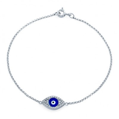 14k White Gold Diamond Evil Eye - Blue Enamel Bracelet