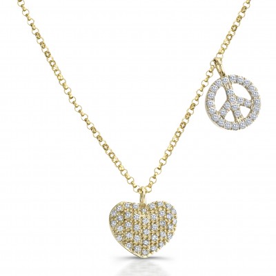 14kt Yellow Gold Heart, Peace Sign Diamond Necklace