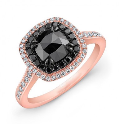 14K Rose 1ct Cushion Black Diamond Ring