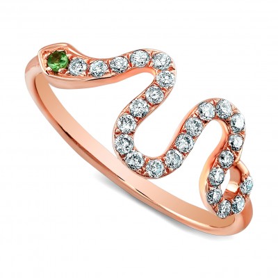 Rose Gold Diamond Snake Ring-Green Tourmaline Eye