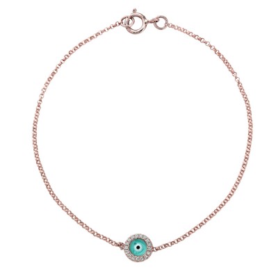 14k Rose Gold Diamond Turquoise Blue Enamel Evil Eye Chain Bracelet