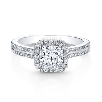 18K White Gold Split Prong Square Halo Diamond Engagement Ring