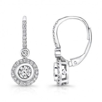 18K White Gold Diamond Halo Bezel Set Center Drop Earrings 