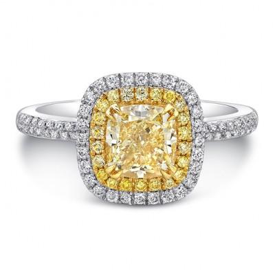 18K White and Yellow Gold Yellow Diamond Center and Halo Engagement Ring