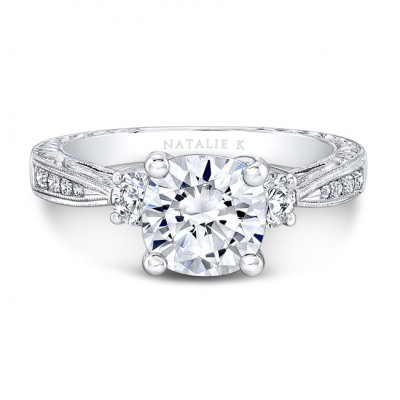 18K White Gold Tapered Milgrain Shank Diamond Engagement Ring