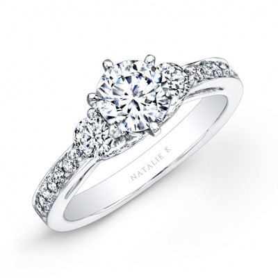 14k White Gold Pave Prong Three Stone Diamond Engagement Ring