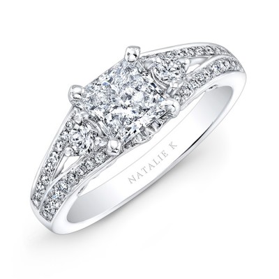 18k White Gold Split Shank Diamond Engagement Ring for a Princess Cut Center