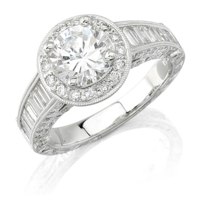 14k White Gold Halo Diamond Baguette Engagement Semi Mount Ring NK9810-W