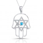 14k White Gold Diamond Hamsa with Evil Eye and Star of David