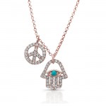 Rose Gold Diamond Turquoise Hamsa Peace Necklace 