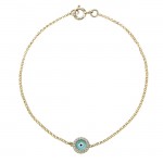 14k Yellow Gold Diamond Turquoise Blue Enamel Evil Eye Chain Bracelet