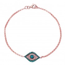 14k Rose Gold Evil Eye Bracelet with White Diamonds and a Blue Sapphire Center