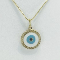 Yellow Gold Enamel Evil Eye Necklace-Blue Diamond 