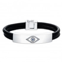 Sterling Silver Diamond Evil Eye Leather Bracelet