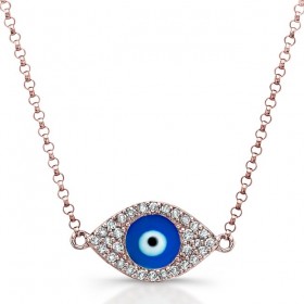 14k Rose Dark Blue Enamel Evil Eye Necklace
