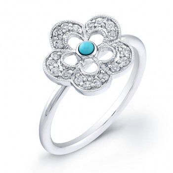 14kt White Gold Diamond Flower Ring-Turquoise Center