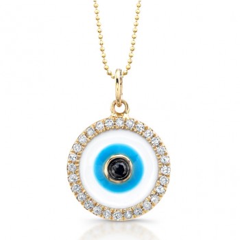 Yellow Gold Enamel Evil Eye Necklace-Black Diamond 