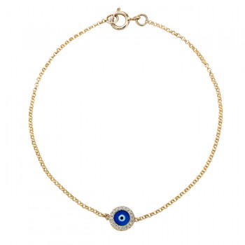 14k Yellow Gold Diamond Dark Blue Enamel Evil Eye Chain Bracelet