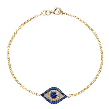Yellow Gold Evil Eye Bracelet with White Diamonds and a Blue Sapphire Center