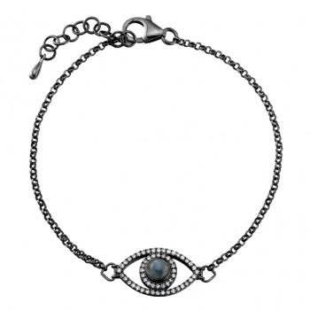 Black Sterling Silver Diamond and Moonstone Evil Eye Bracelet